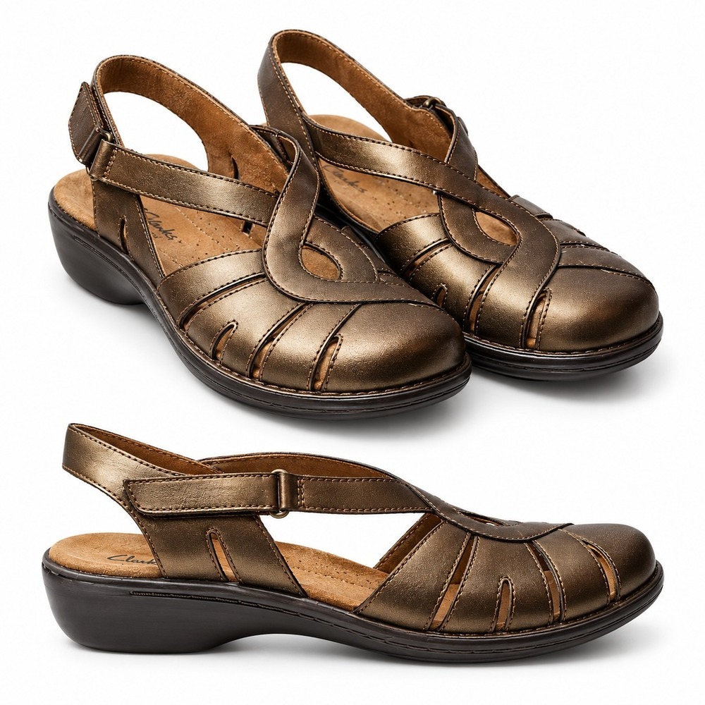 CLARKS Bendables Leather Ankle Strap Closed-Toe Sandal Sz 8M Bronze Fisherman